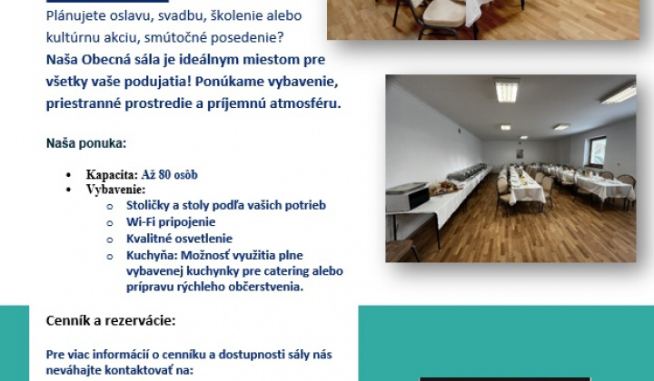 Aktuality / Možnosť prenájmu obecnej sálý v Chmiňanoch. Vaše miesto pre každú príležitosť! - foto