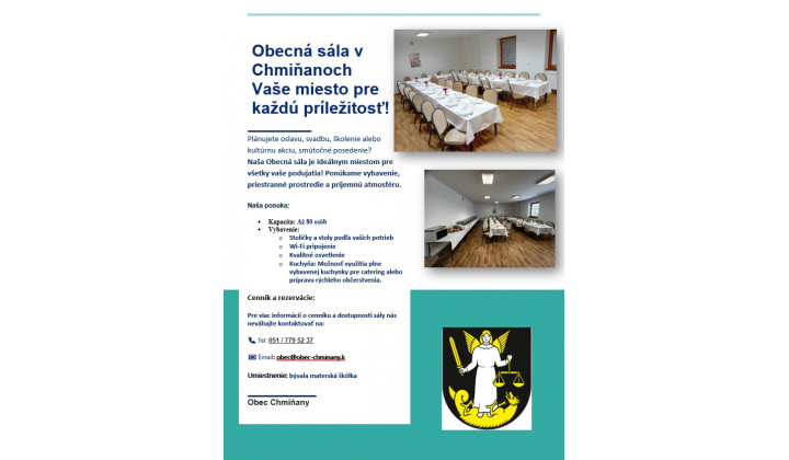 Fotka pre článok Možnosť prenájmu obecnej sály v Chmiňanoch. Vaše miesto pre každú príležitosť!