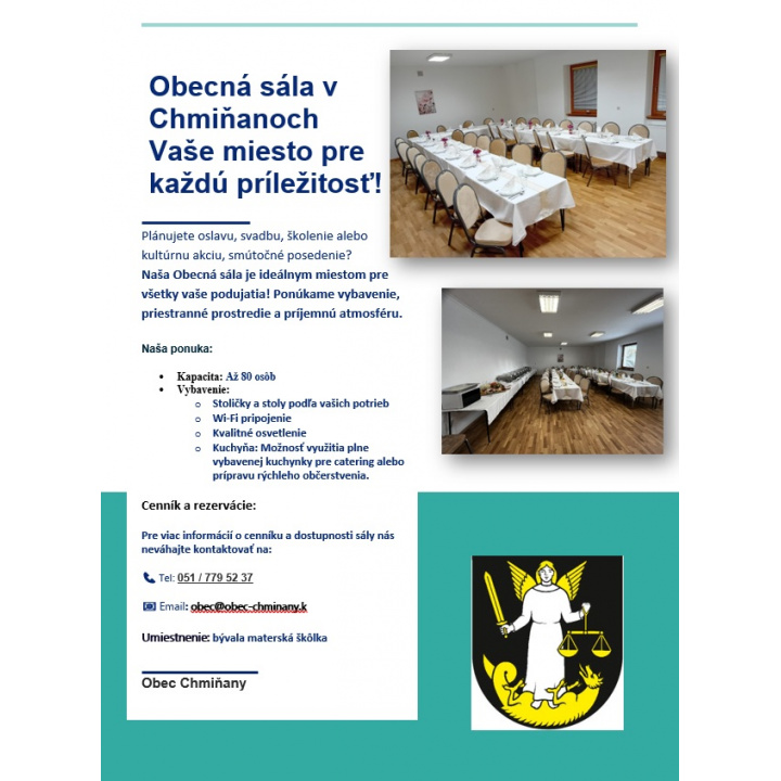 Menšia fotka pre článok Možnosť prenájmu obecnej sály v Chmiňanoch. Vaše miesto pre každú príležitosť!