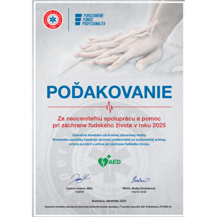 Menšia fotka pre článok Naša obec dostla poďakovanie za neoceniteľnú spoluprácu a pomoc pri záchrane ľudského života v roku 2025 s použitím defibrilátora